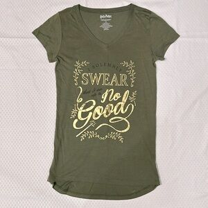 Harry Potter “I solemnly swear I am up to no good,” green shirt w/metallic gold